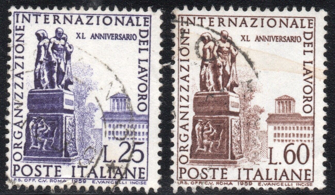 1959 - Repubblica italiana - 25 L. + 60 L. dentellatura spostata usati