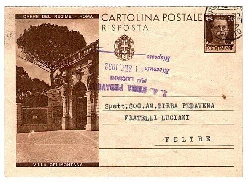 1932 Regno - Cartolina postale 30 + 30 c. RISPOSTA Villa Celimontana per Feltre