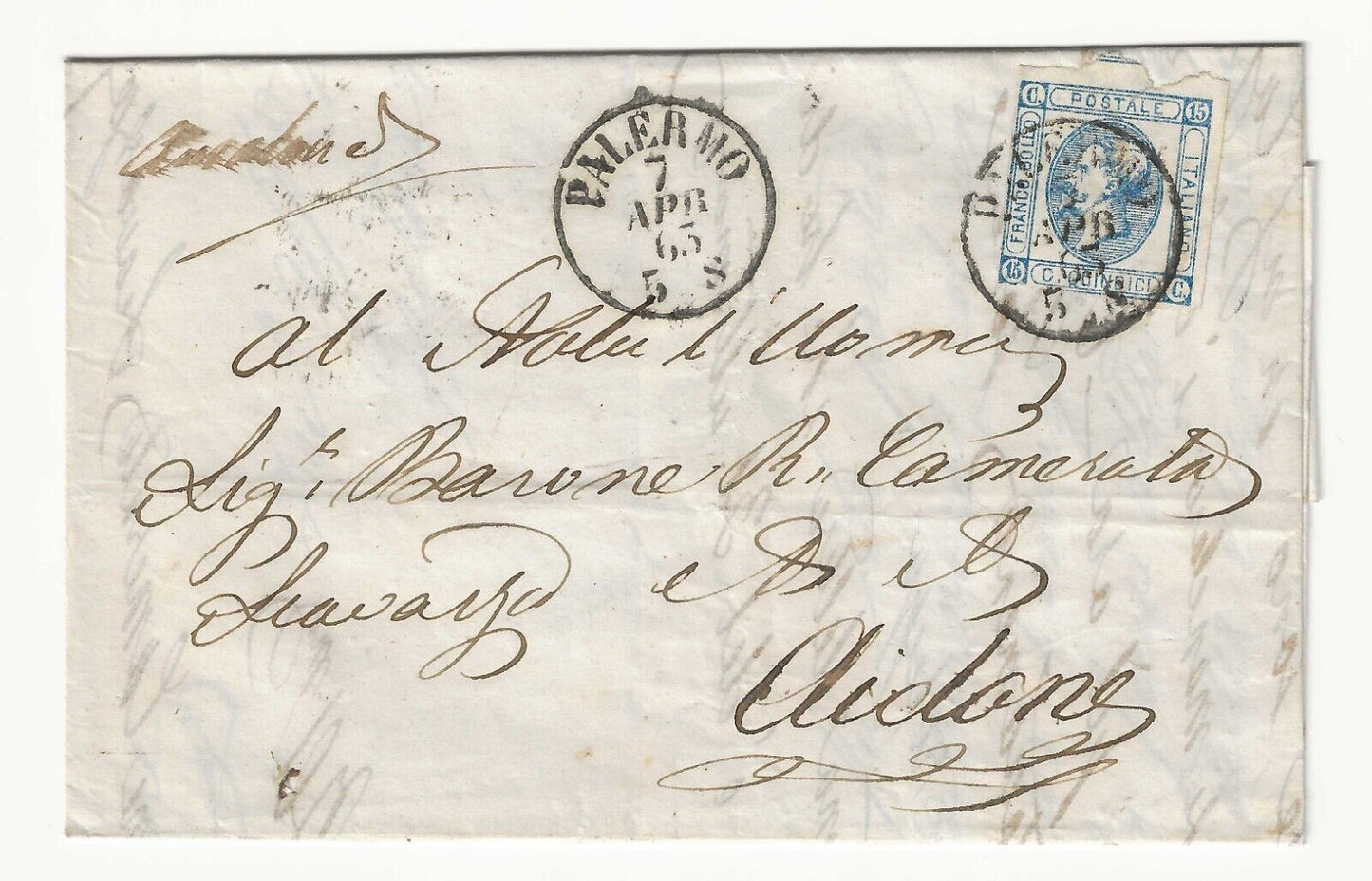 Regno - 15 cent. 1863 (I tipo) su piego per Aidone con annullo di Palermo