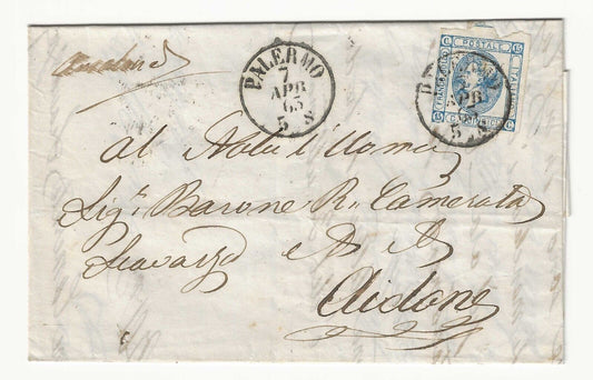 Regno - 15 cent. 1863 (I tipo) su piego per Aidone con annullo di Palermo