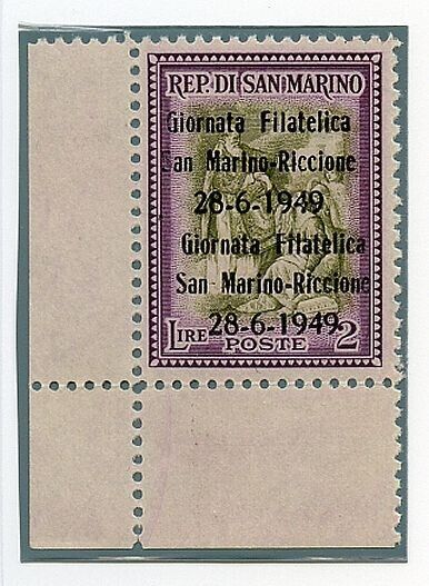 1949 San Marino - 2 L. I Giornata filatelica soprastampa discostata A. Diena MNH