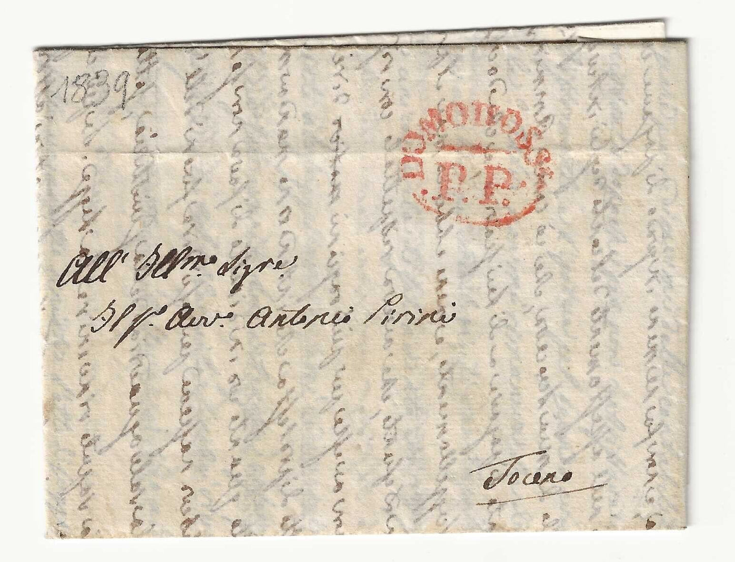 Sardegna - Prefilatelica per Toceno 1839 con bollo rosso Domodossola P. P.