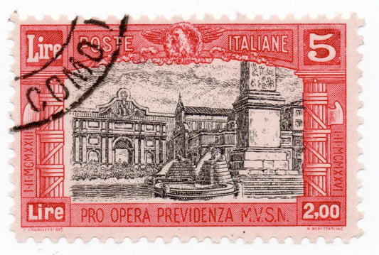 1928 - Regno d'Italia - Pro Opera di previdenza M.V.S.N, 5 L. + 2 rosso usato