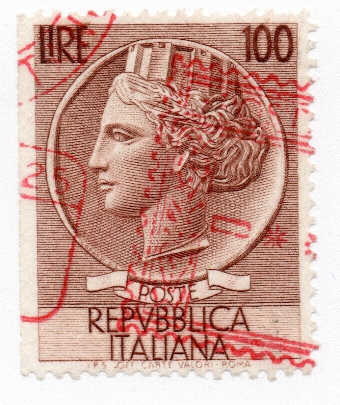 1954 - Repubblica Italiana - "Siracusana" 100 L. non dentellata a sinistra usato