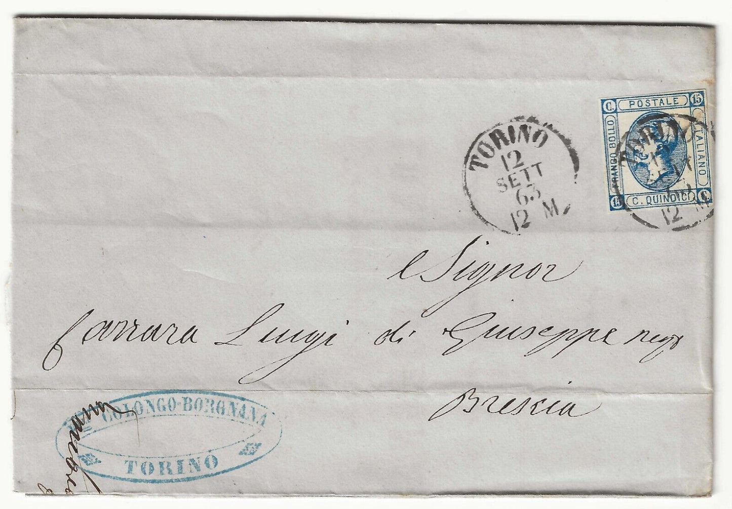 Kingdom - 15 cents. 1863 light blue (II type) on fold for Brescia with Turin cancellation