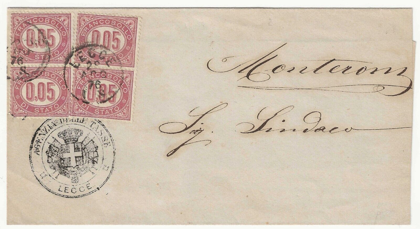 1875 Regno d'Italia - Blocchi 0,05 cent. francobolli di servizio su piego