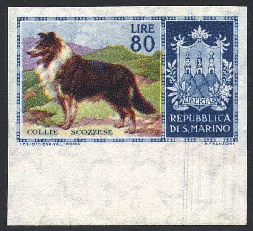 1958 San Marino - 80 L. serie Cani non dentellata bordo di foglio senza gomma