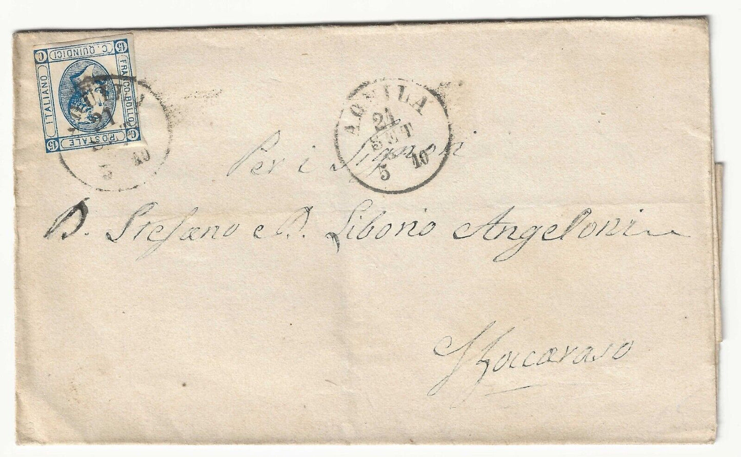 Regno - 15 c. 1863 (II tipo) su piego per Roccaraso con annullo Aquila 21 SET 63