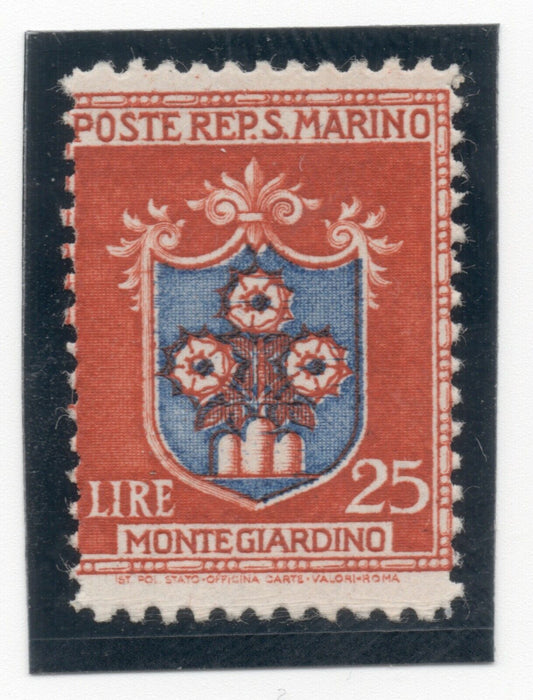 1945/46 - San Marino - Serie Stemmi, 25 L. bruno arancio oltremare, varietà MNH