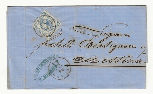 Kingdom - 15th c. 1863 (first type) on envelope for Messina with simple Milan postmark