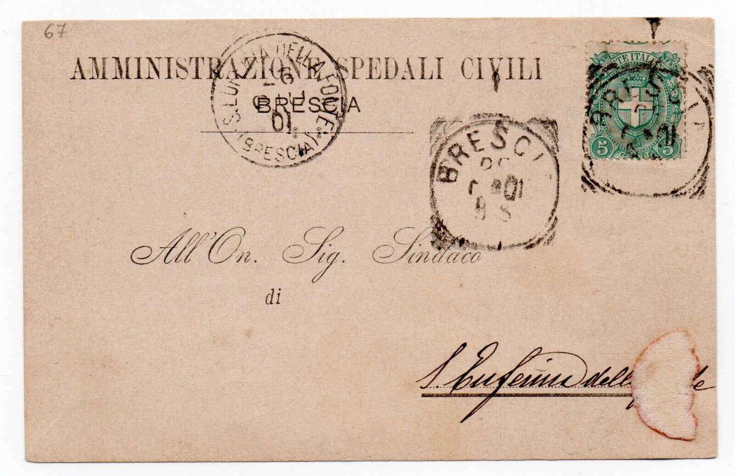 Regno - Storia postale, 5 c. verde isolato su cartolina per S. Eufemia 26 GIU 01