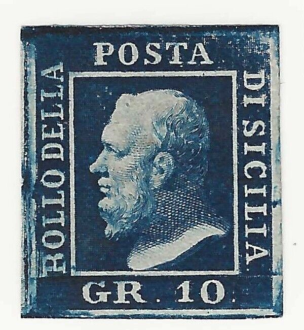 1859 Antichi Stati (Sicilia) - 10 gr. azzurro cupo rit. 61 firma A. Diena MH*