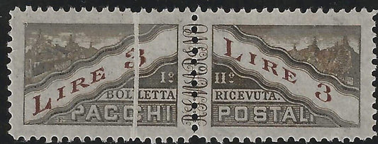 1945 San Marino - Pacchi postali 3 L. con piega verticale a soffietto MNH**