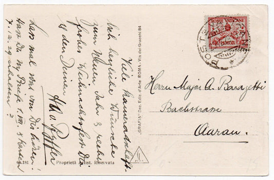 Vaticano - Storia Postale, 75 c. isolato su cartolina per Aarau (CH) 23.12.29