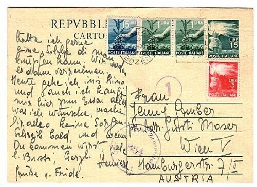 1949 Repubblica italiana - Cartolina Postale 15 L. censura alleata per Vienna