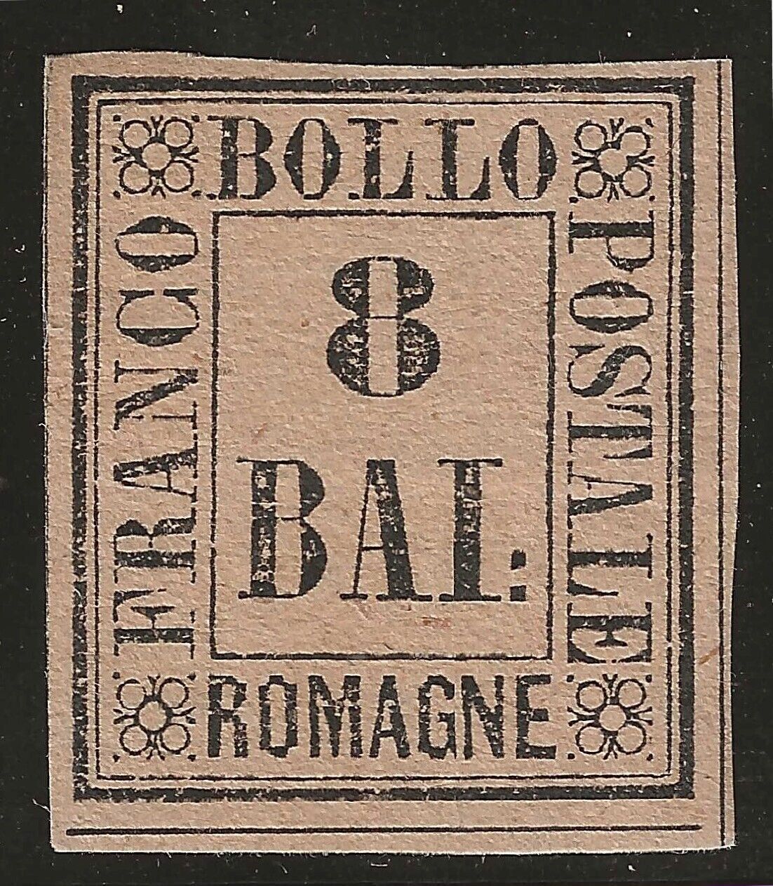 1859 Antichi Stati (Romagne) - 8 baj. rosa in cornice firma Fiecchi MH*