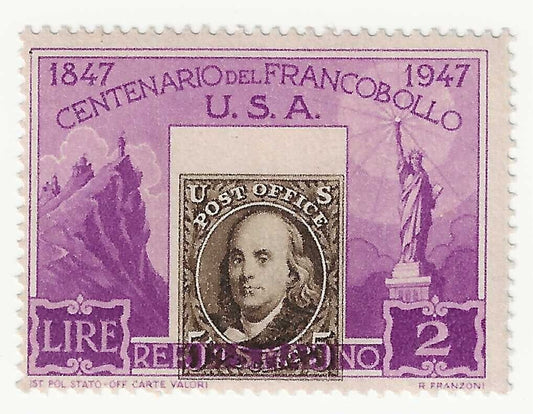 1947 San Marino - 2 L. violet Centenary USA stamps center shifted MNH**