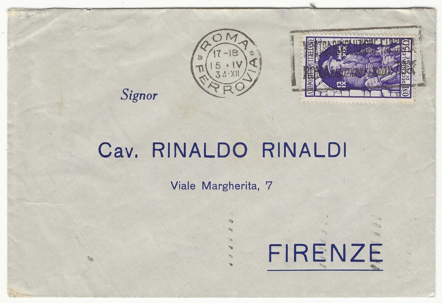 Royaume - 50 s. violet Dixième anniversaire de l'annexion de Fiume 1934 isolé sur une enveloppe