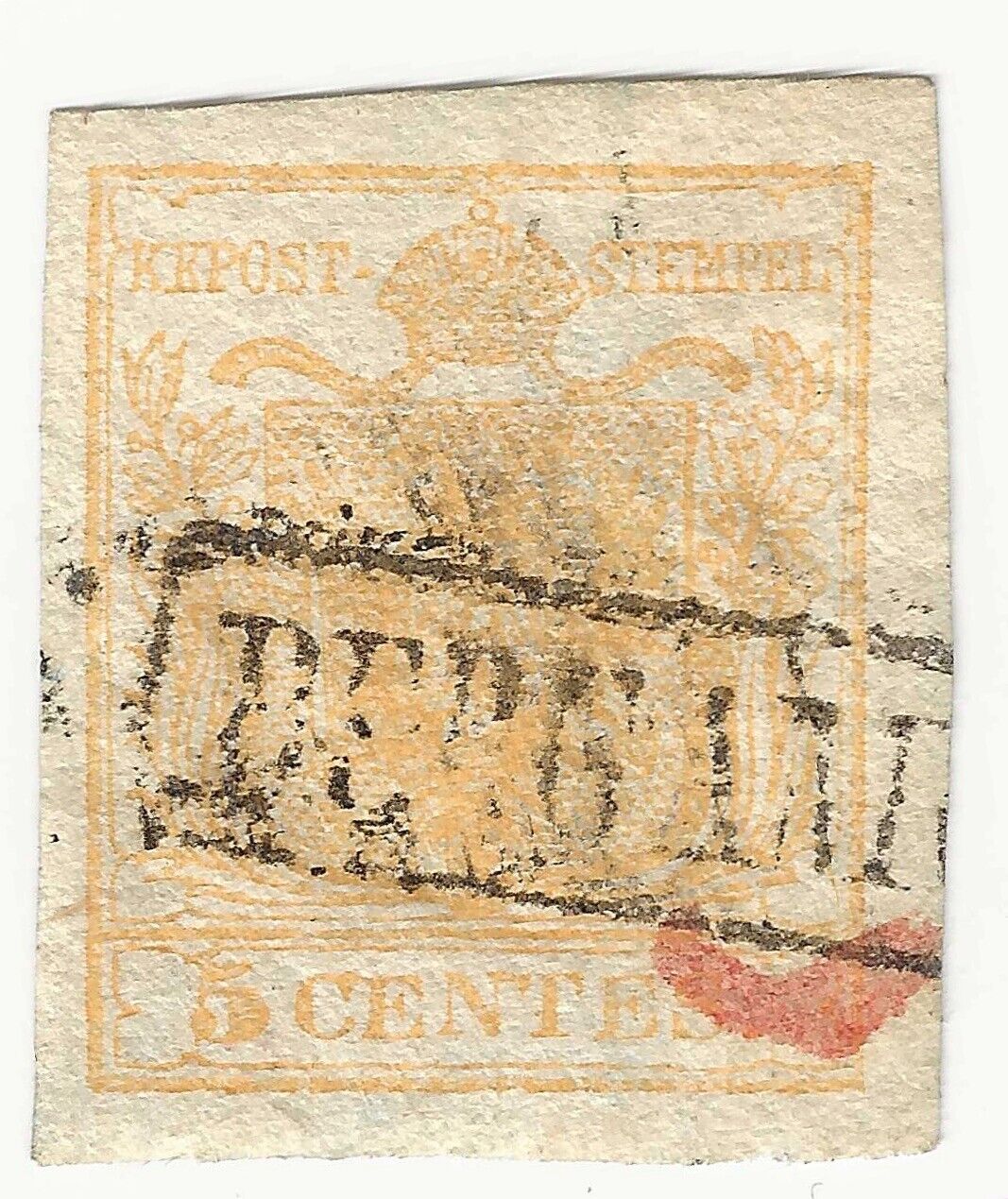 1850 Antichi Stati (Lombardo Veneto) - 5 c. giallo ocra annullo Bergamo