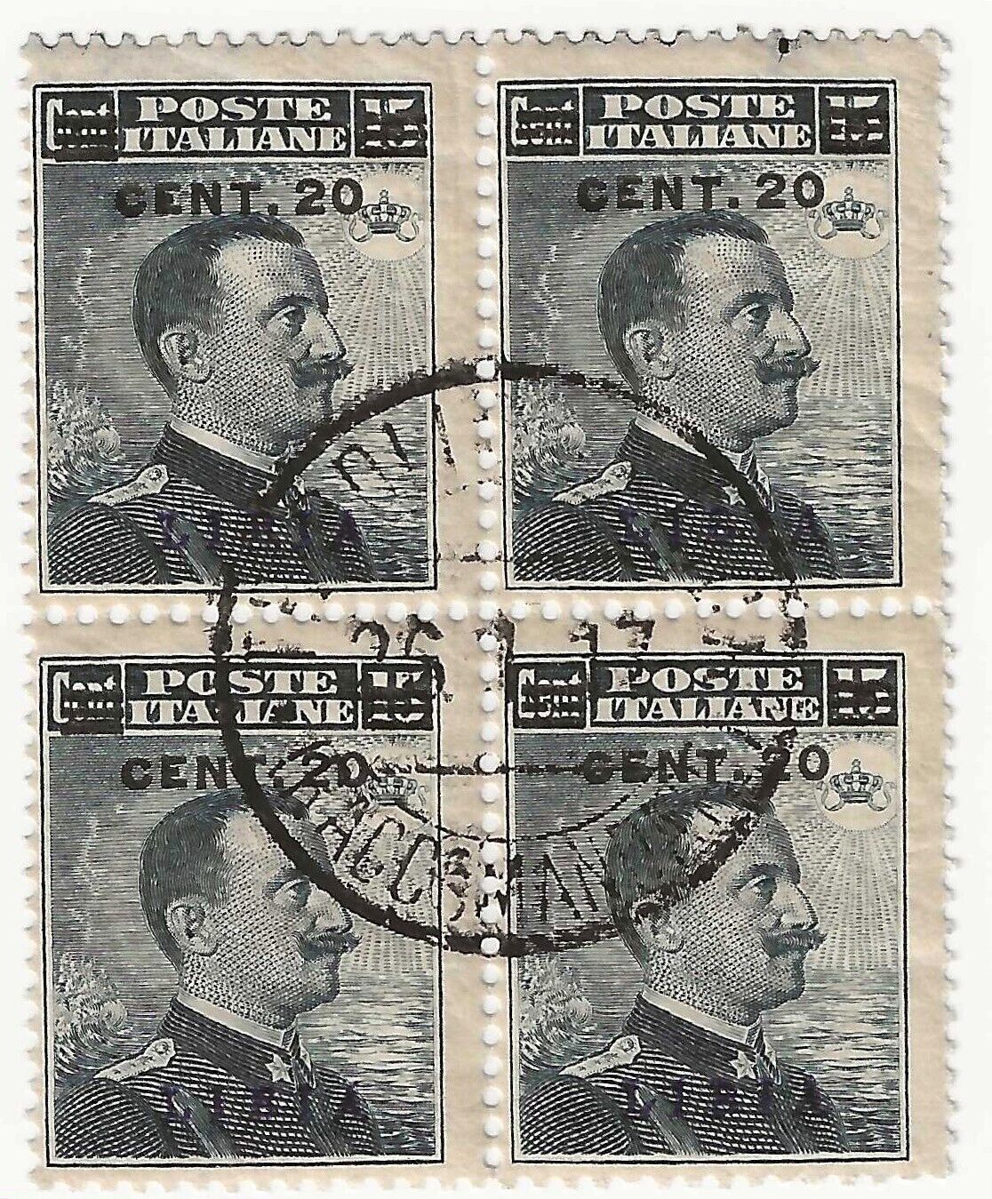 1916 Colonie italiane (Libia) - Blocco 20 c. su 15 gr. soprastampato nero usato