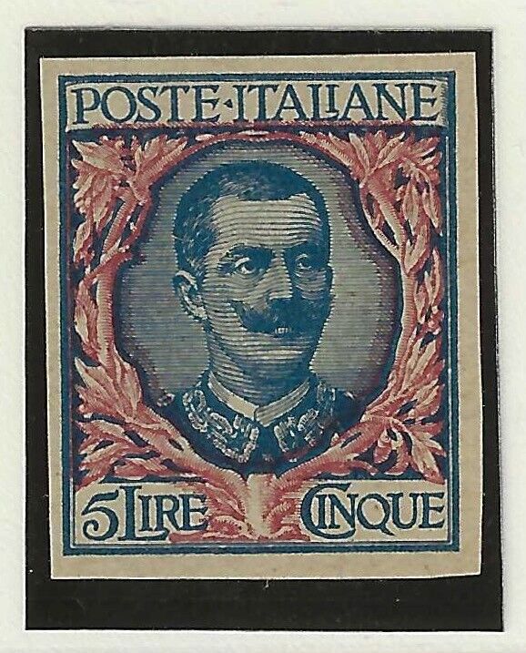 1901 Regno d'Italia - 5 L. Floreale prova di macchina su carta azzurra no gomma