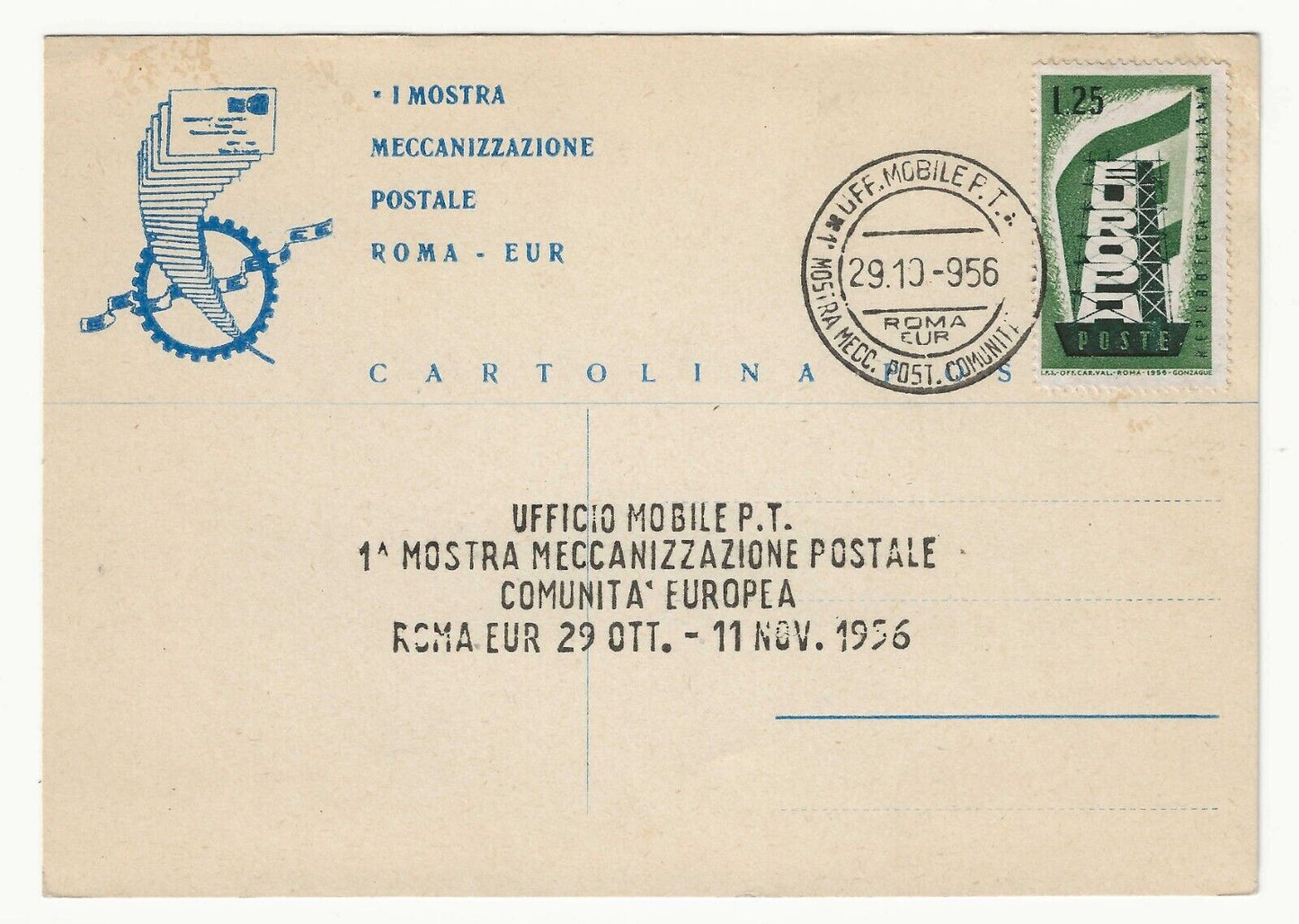 1956 Repubblica italiana - Europa Unita 25 l. verde isolato su cartolina