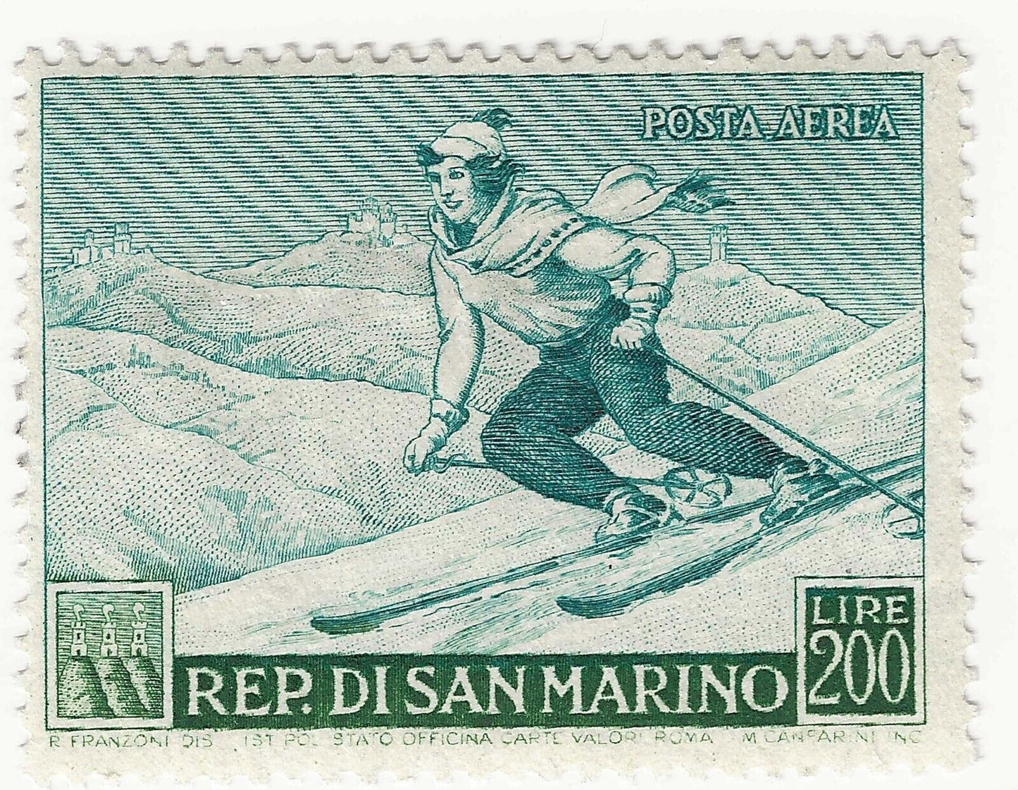 1953 Saint-Marin - 200 L. Poste aérienne verte propagande sportive MH*