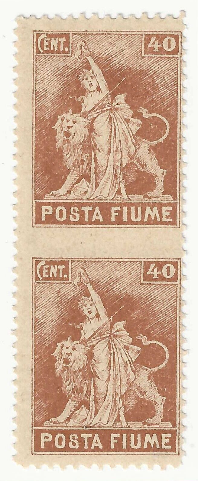 1919 Fiume - 40 c. bruno POSTA FIUME coppia vert. non dentellata al centro MH*