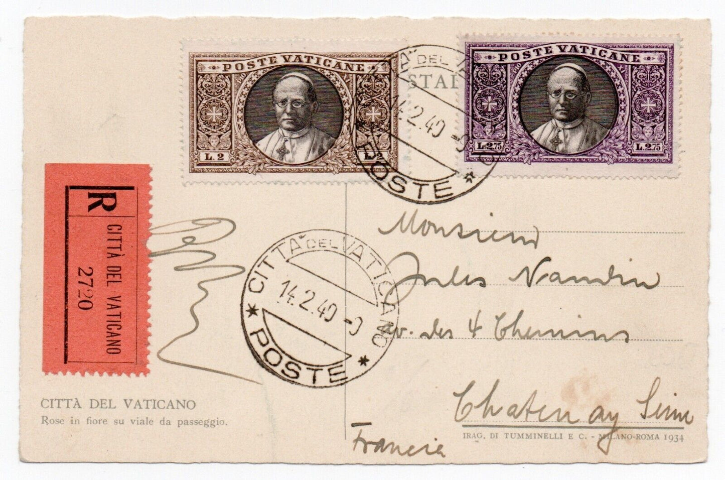 Vaticano - Cartolina con 2 L. e 2,75 L. serie "Giardini" 1933 per la Francia