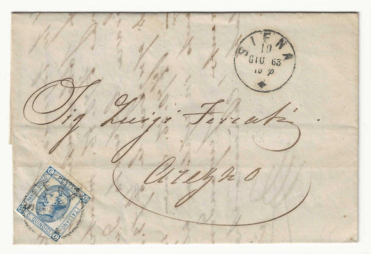 Kingdom - 15th c. 1863 (I type) on fold for Arezzo with Siena cancellation 19 JUN 63