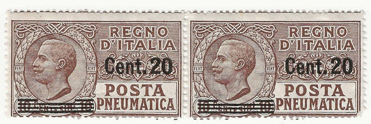 1924 - Regno d'Italia - Posta Pneumatica coppia 20 c. su 10 cent. bruno MNH**