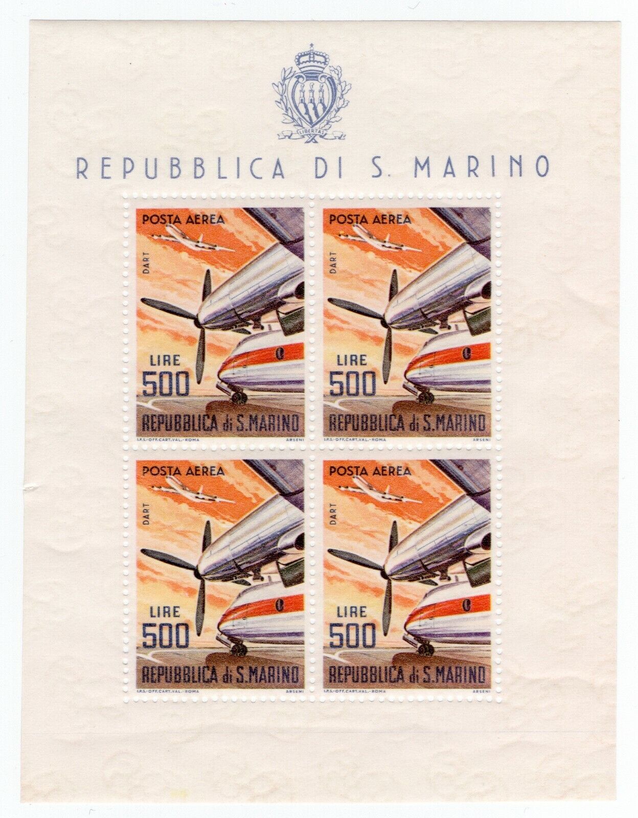 1965 - San Marino - BF airmail 500 lire MNH plane**