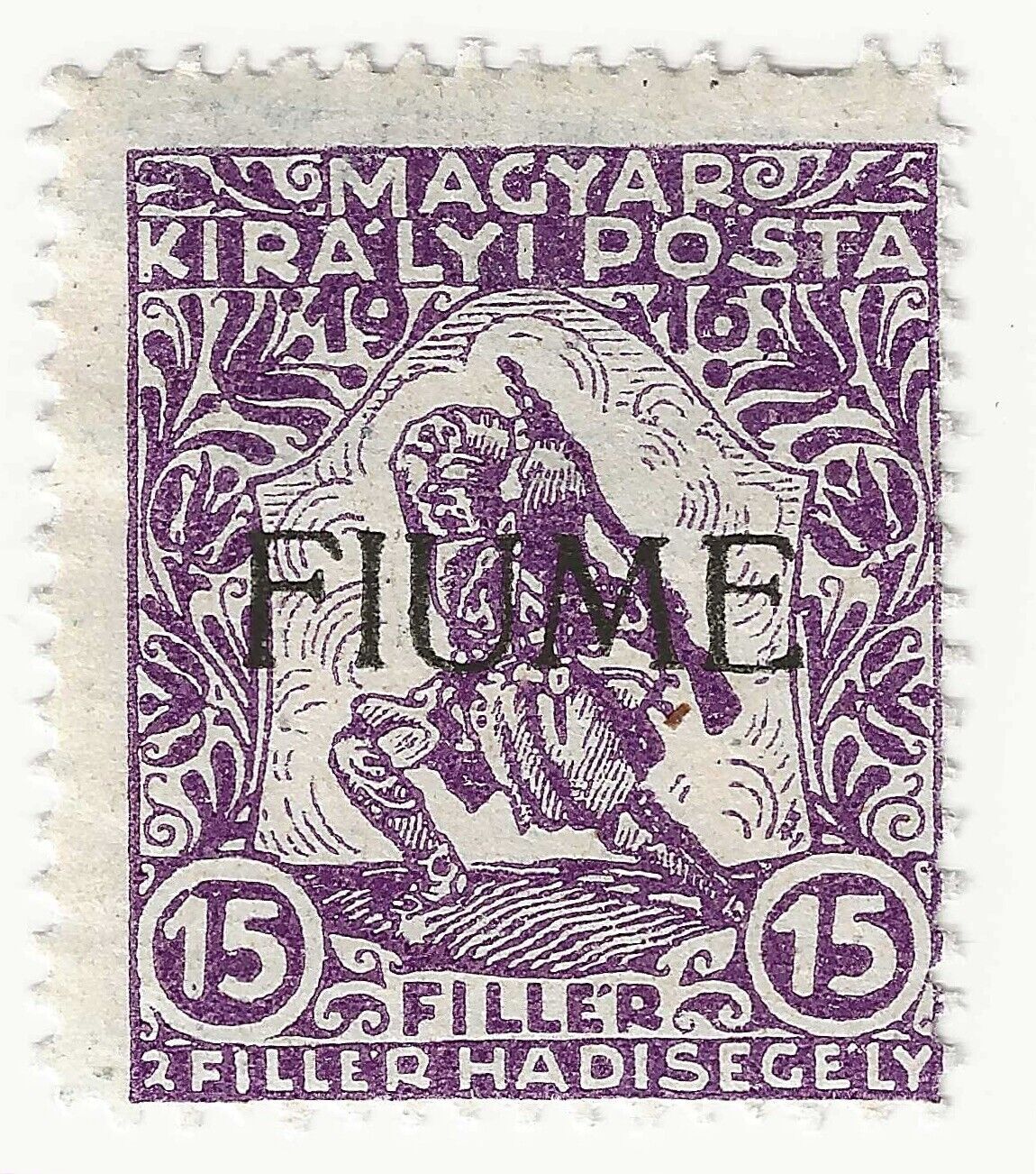 1918/19 Fiume - 15 (+2) f. violetto d'Ungheria soprastampato MH*