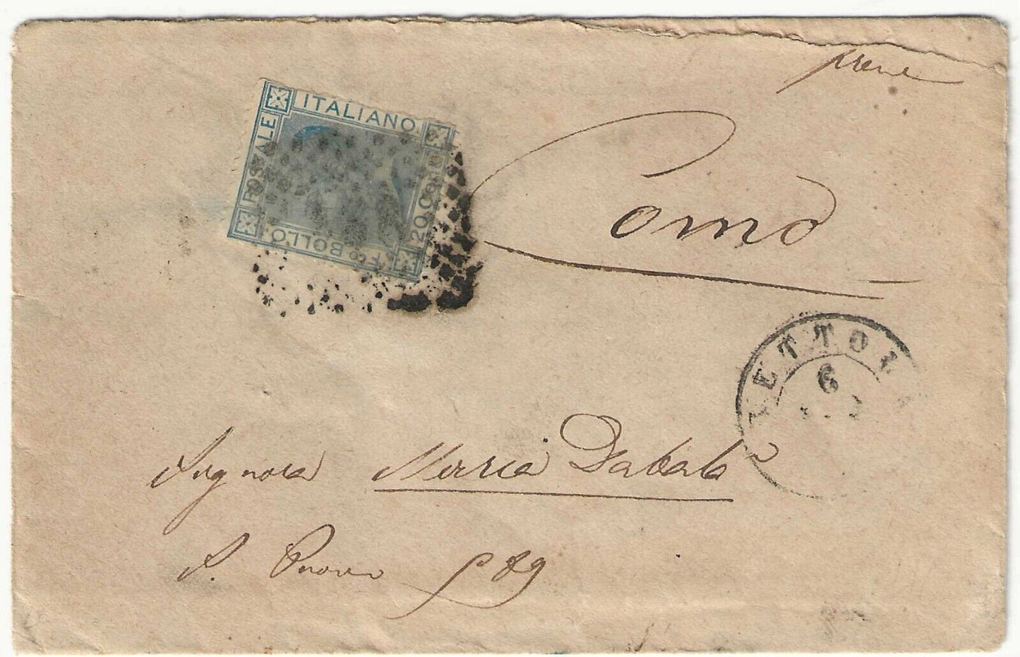 Regno d'Italia - 20 cent. celeste 1867 isolato su busta con annullo Bettola