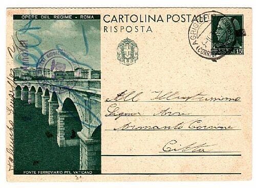 1932 Regno - Cartolina postale 15 + 15 c. RISPOSTA Ponte Ferroviario Vaticano