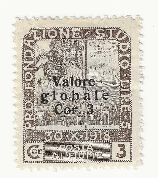 1920 Fiume - Pro "Fondazione Studio" soprastampa Valore Globale 3 c. su 3 c. MH*