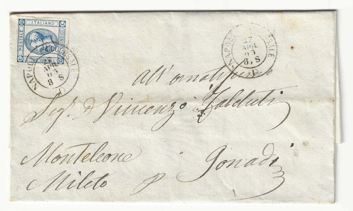 Kingdom - 15th c. 1863 (1st type) on fold with cancellation from Naples branch