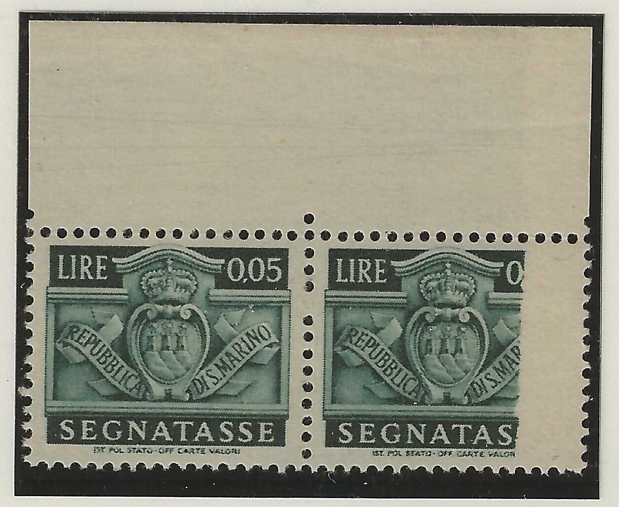 1945 San Marino - Coppia 5 cent. Segnatasse con stampa incompleta MH*