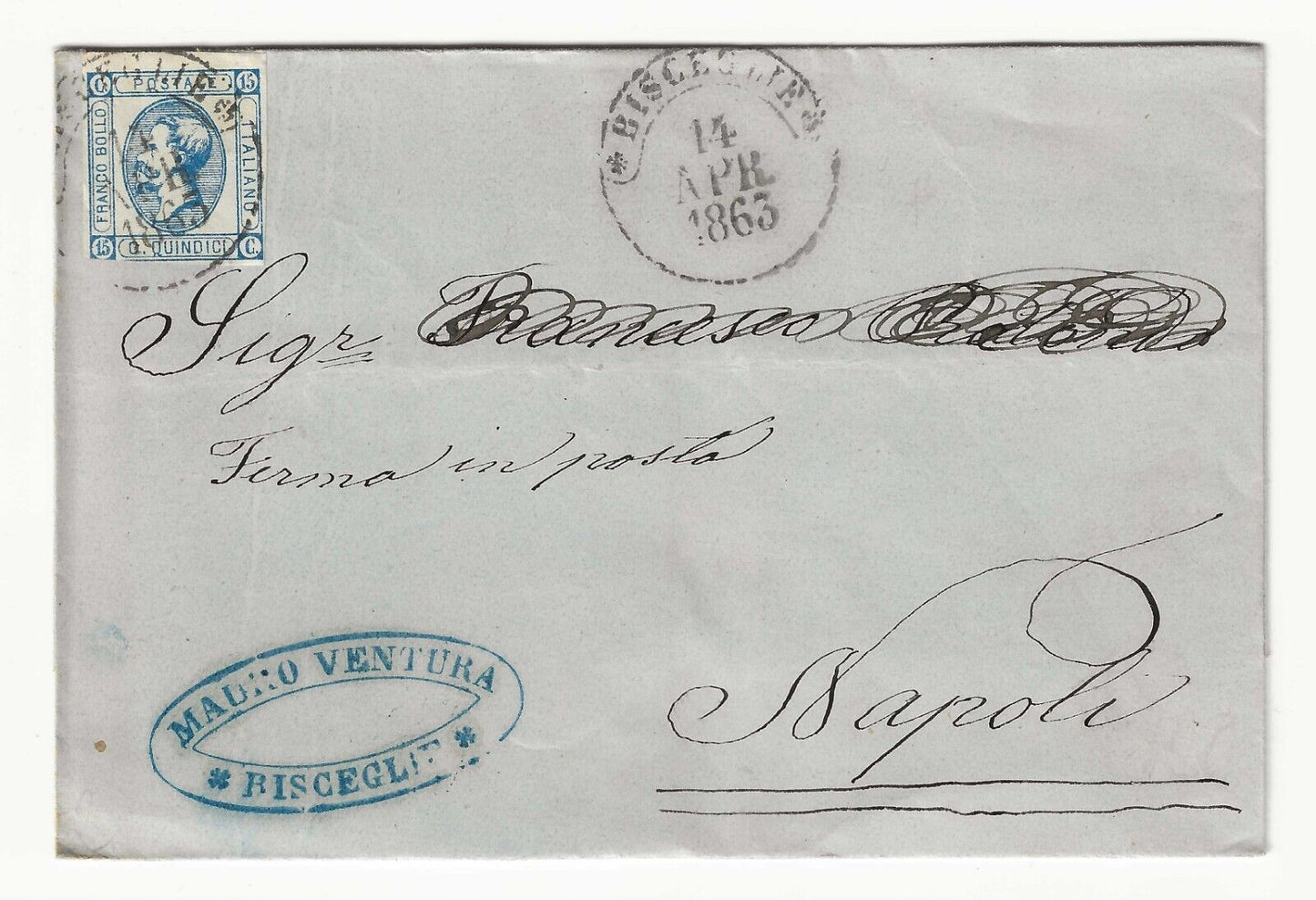 Kingdom - 15 c 1863 (I type) on fold for Naples with cancellation Bisceglie 14 APR 1863