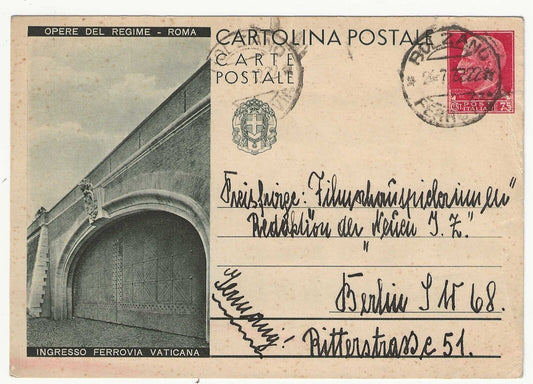 Regno d'Italia - Cartolina opere del Regime 75 c. Ingresso ferrovia Vaticana