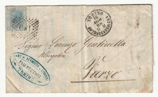 Regno - 20 c. celeste chiaro De la Rue 1867 isolato su piego per Varzo 18 AGO 68