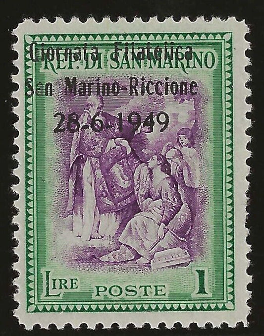 1949 San Marino - I Philatelic Day 1 L. overprint spotted at the top MNH**