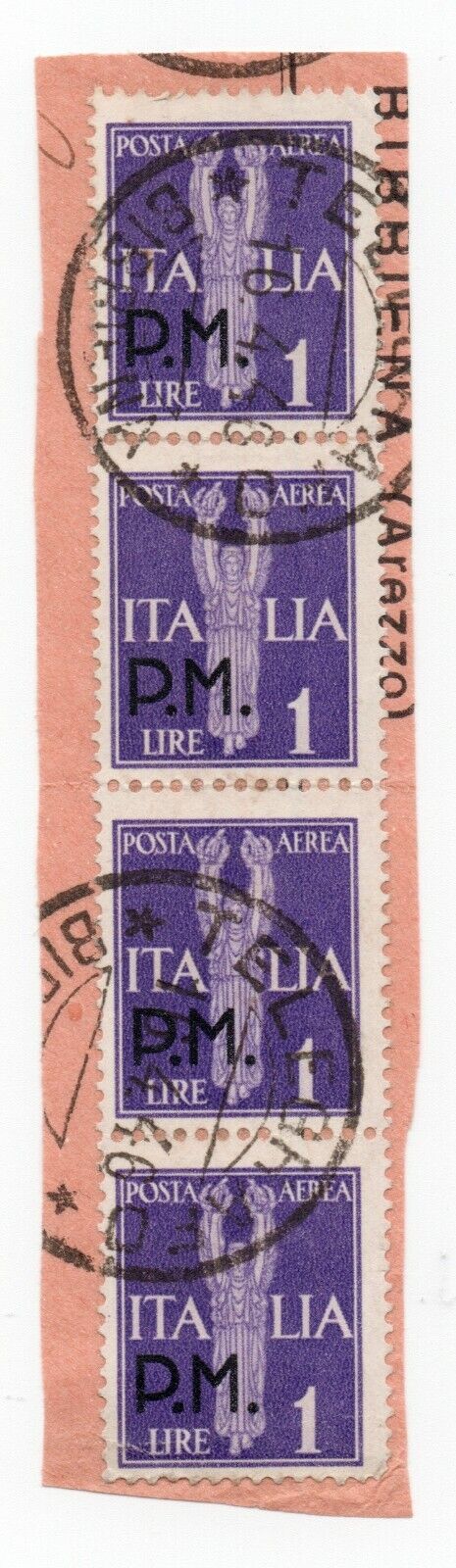 1930 - Regno d'Italia - Posta aerea, blocco 4 val. da 1 L. violetto su frammento