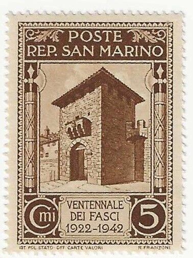 1943 San Marino - Ventennale dei Fasci Sammarinesi 5 cent. bruno MNH**