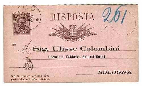 Regno d'Italia - Cartolina RISPOSTA Umberto Salumi Suini Bologna Colombini