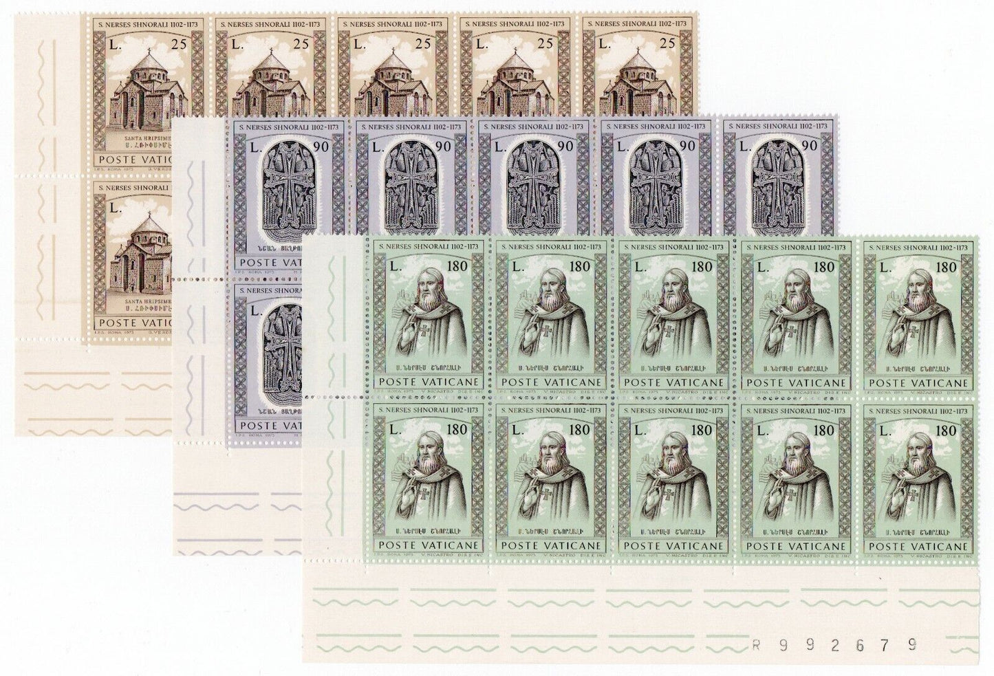 1973 - Città del Vaticano - 800° morte S. Nicastro, 3 serie in blocchi MNH**