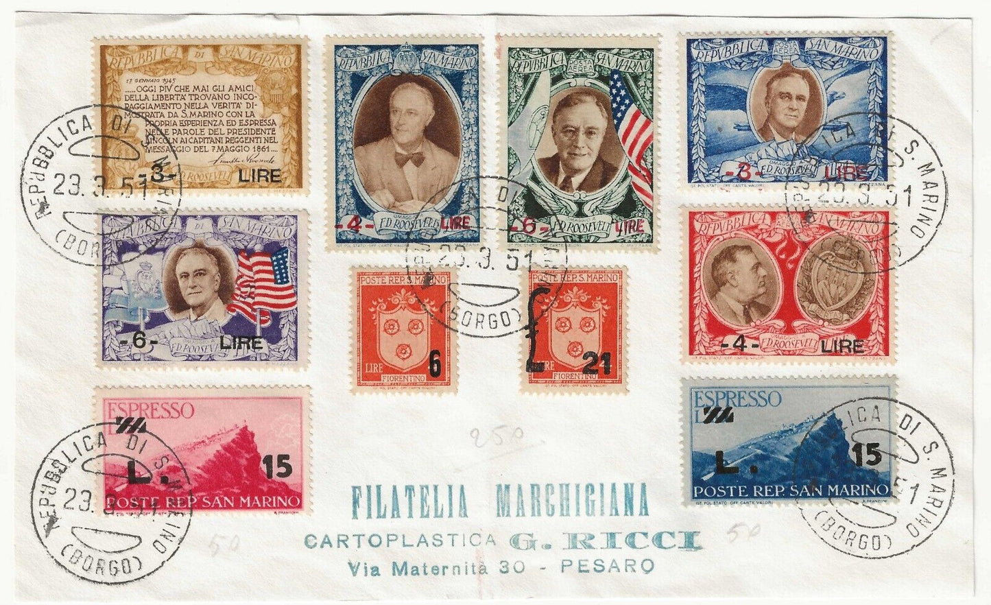 1947 San Marino - Roosevelt stamps overprinted complete set on sheet