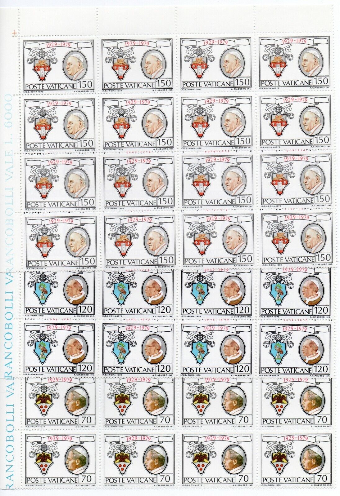 1979 - Città del Vaticano - 50° Stato Vaticano, 7 val. in blocchi di 16 MNH**