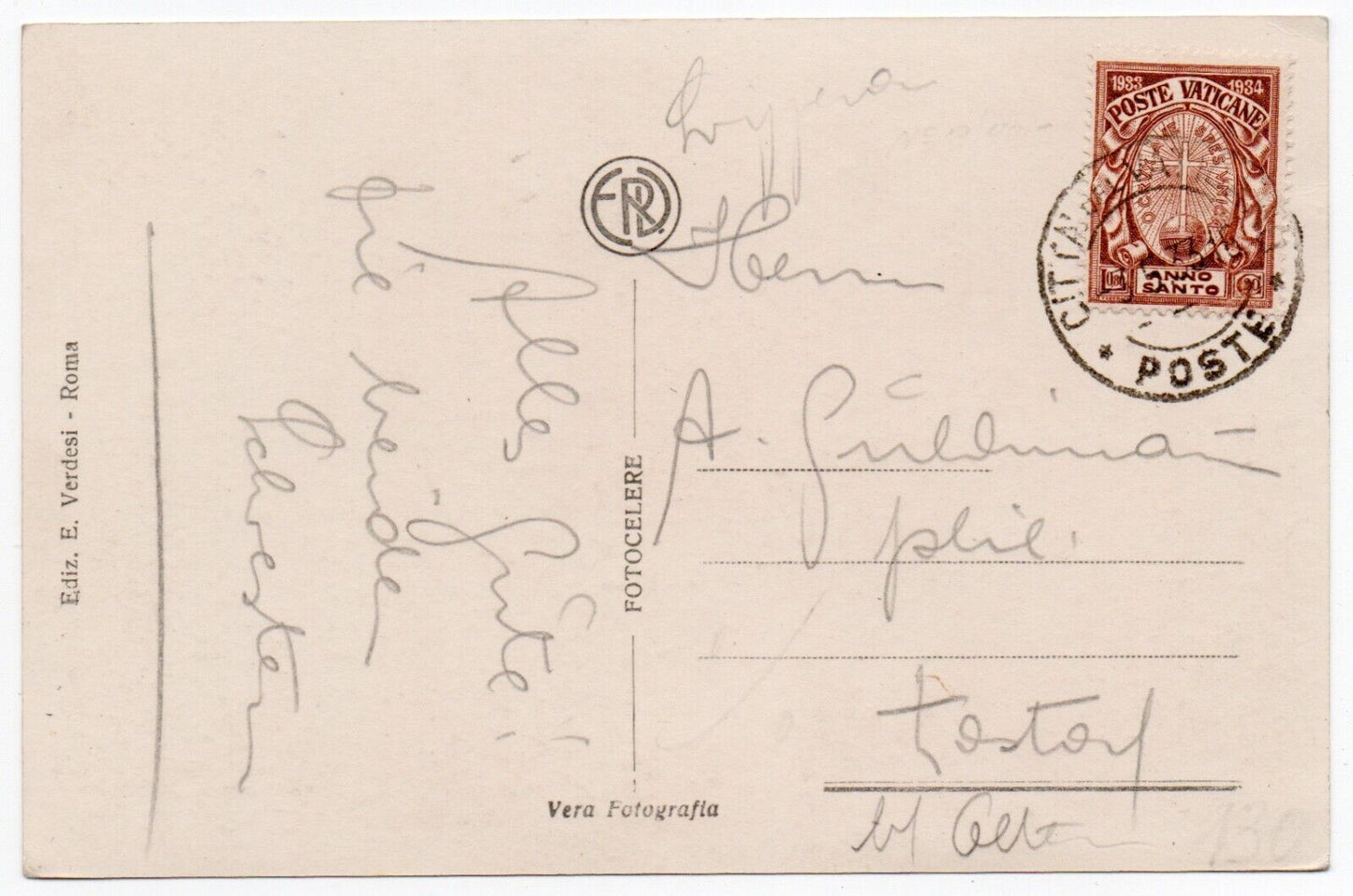 Vatican - 80 + 20 s. Année sainte 1933 isolée sur carte postale, oblitérée 3.5.33