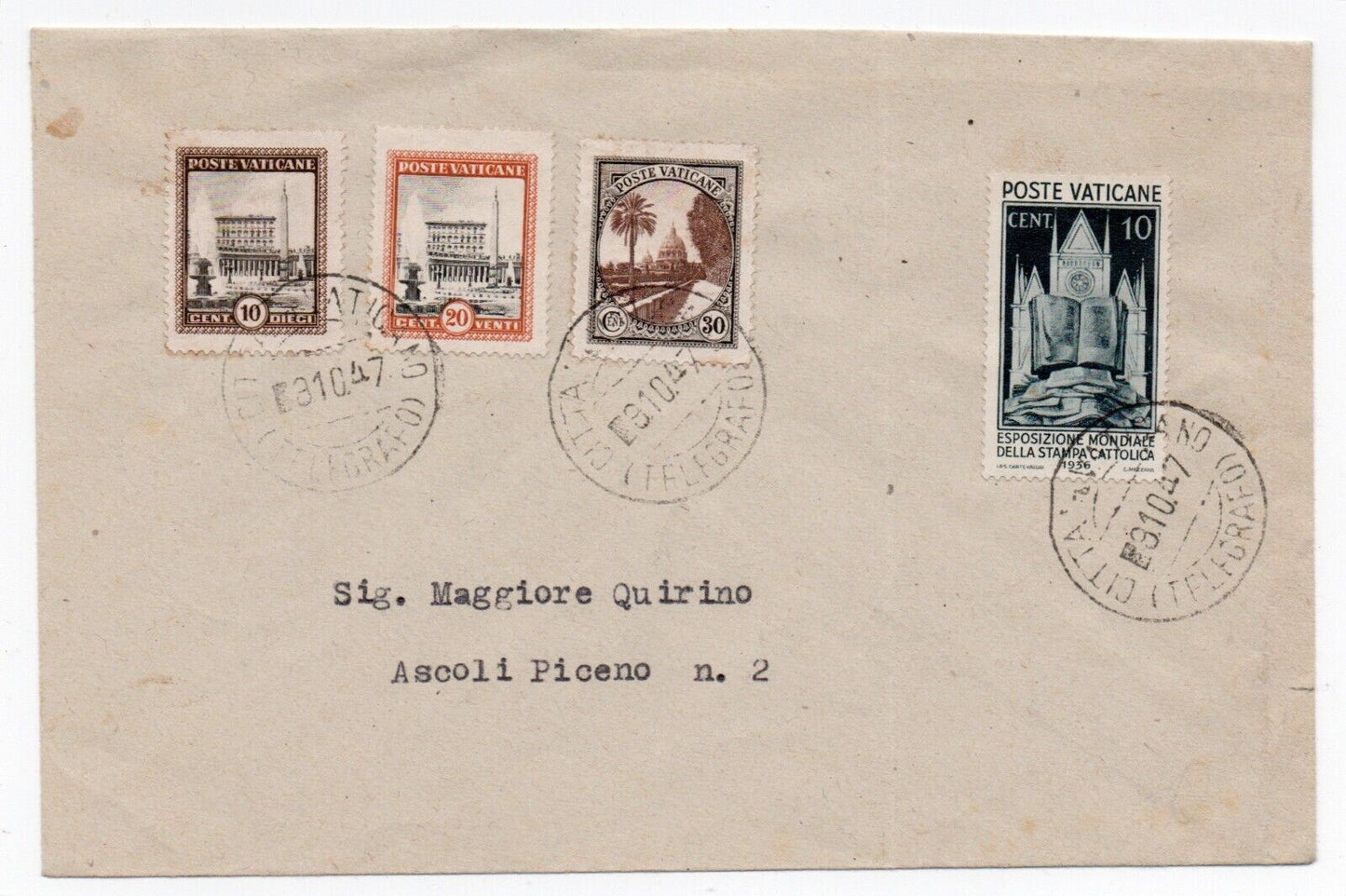 Vaticano - Storia Postale, busta 8.10.47 per Ascoli Piceno con val. per 70 cent.